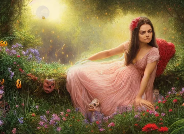 Image similar to Mila Kunis staring into the camera singing a lullaby, fireflies, full moon, Lilia Alvarado, Sophie Anderson, Mark Arian, Bob Byerley, Charlie Bowater, Mark Brooks, Steve Henderson, Justin Gerard, Arthur Hughes, Edward Robert Hughes, Mark Keathley, Victor Nizovtsev, Carlos Shwabe, Ross Tran, WLOP