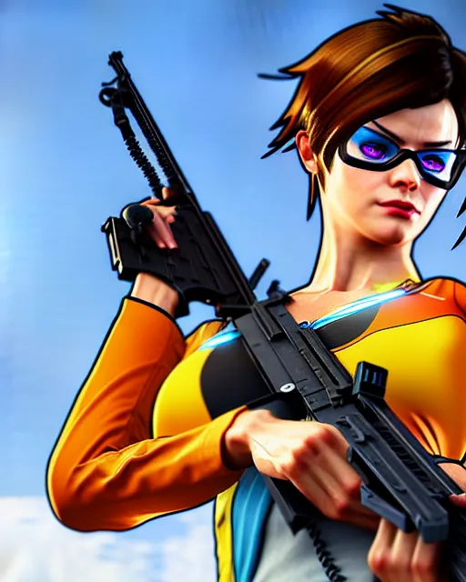 Image similar to gta 5, grand theft auto 5 cover art of tracer from overwatch