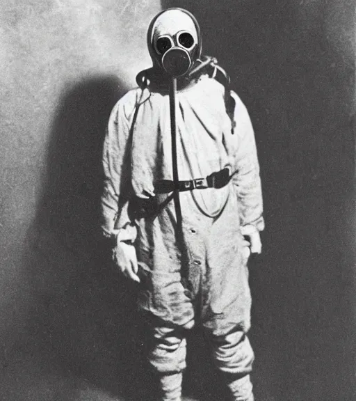 Image similar to man in anti radiation hazmat suit and optical gasmask, ww1 film photo, grainy, high detail, high resolution