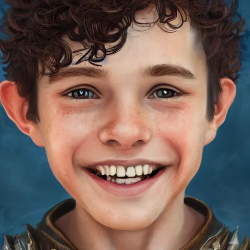 Image similar to a detailed portrait of a medieval ten year old boy smiling, he has short curly brown hair, brown eyes and white skin, fantasy art illustration, incredibly highly detailed and realistic, 8 k, sharp focus