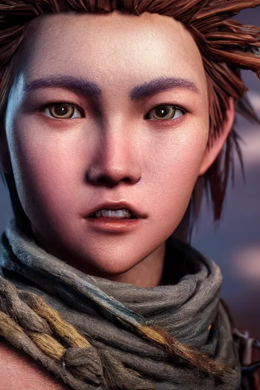 Prompt: aloy from horizon : forbidden west at night. photoreal, closeup portrait. shallow depth of field field.