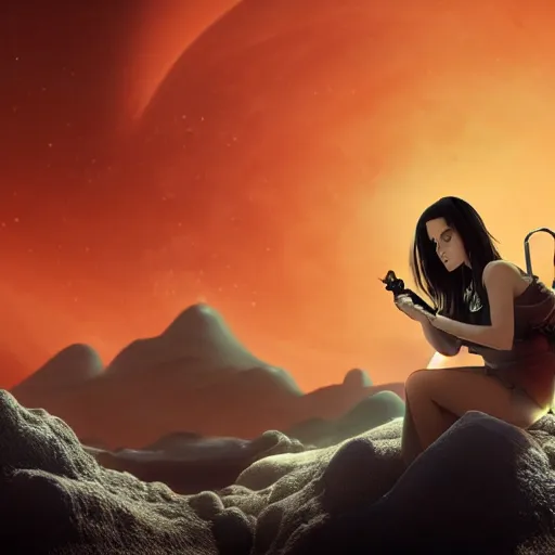 Image similar to Anime still of Lana Del Rey on Mars, sitting on a Martian rock, smoking a cigarette, reddish atmosphere with detailed highlights, dark gloomy sky cascading upon the atmosphere, well-detailed ornate Martian mountains in the background, trending on artstation, 4k, 8k