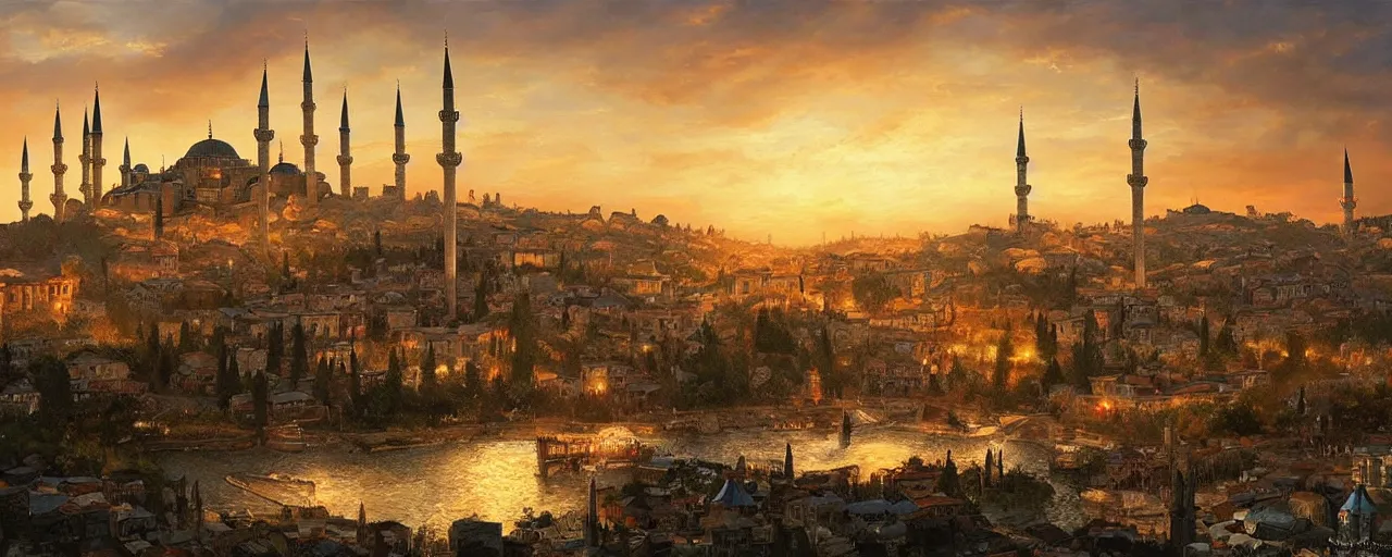 Image similar to a beautiful oil painting of medieval istanbul with ottoman people scenery landscape, lord of the rings,, rule of thirds, sunset, highly detailed, perfect lighting, perfect composition, 4 k, artgerm, derek zabrocki, greg rutkowski