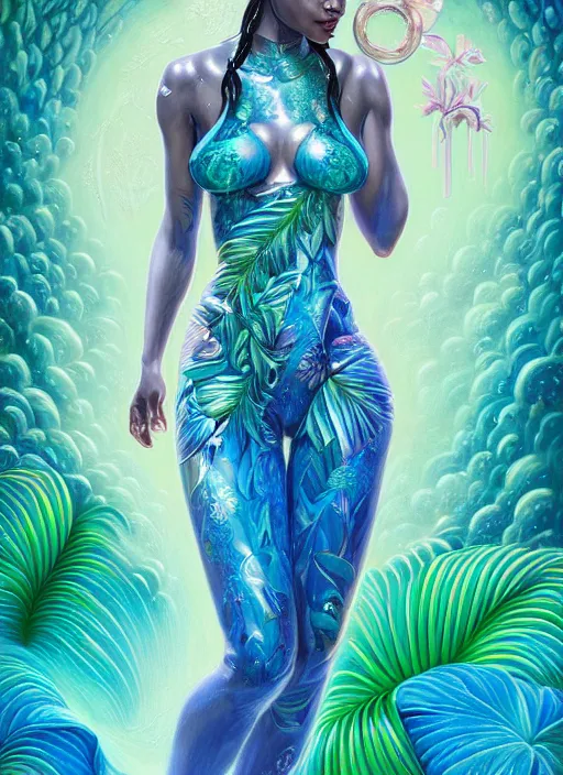 Image similar to porttait of a beautiful celestial Hawaiian pearlescent lush garden Goddess wearing a futuristic lush luxurious suit exposed in cryo chambers by James Jean, royal green and oceanic blue theme, intricate, elegant, highly detailed, centered, digital painting, lush hawaiian landscape, sakura season, Kauai inspired, artstation, concept art, smooth, sharp focus, illustration, by Peter Mohrbacher, WLOP