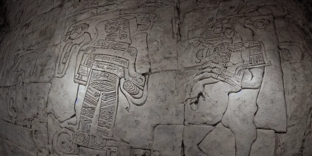 Image similar to pascal votan the space navigator as etched in stone, Mayan hieroglyph by Liam Wong and Boris Vallejo