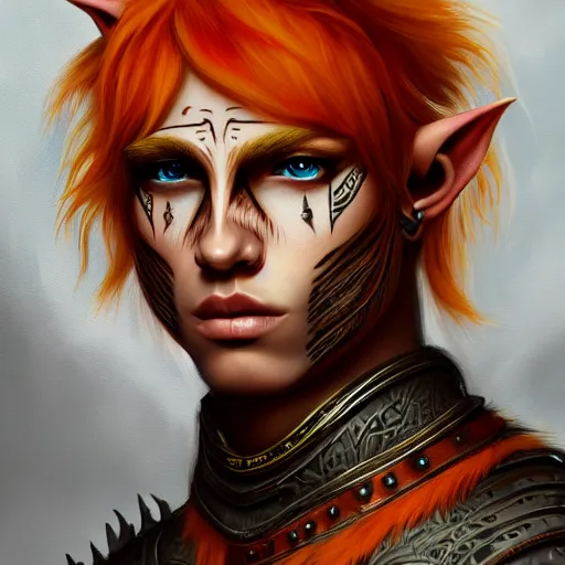 Prompt: portrait painting of an elven male teenager with short light orange hair and tribal tattoos on his face wearing fur armor, sharp focus, award - winning, trending on artstation, masterpiece, highly detailed, intricate. art by aurore folny