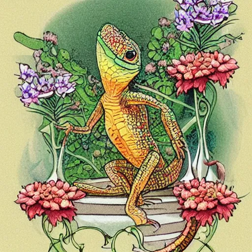 Image similar to a beautiful little lizard stands on a porch dotted with many flowers, fairytale illustration