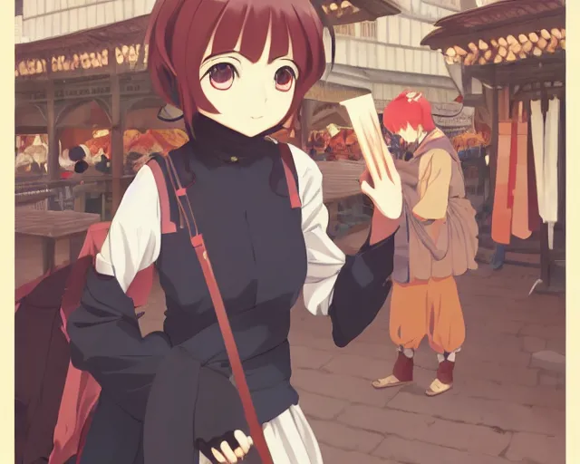 Image similar to anime visual, portrait of a young female traveler in an open medieval market shopping, cute face by yoh yoshinari, katsura masakazu, dynamic pose, dynamic perspective, strong silhouette, anime cels, ilya kuvshinov, cel shaded, crisp and sharp, rounded eyes, moody