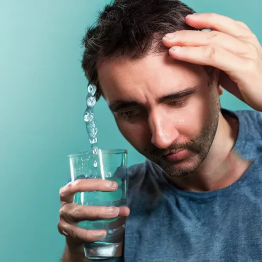 Prompt: confused man drinking water