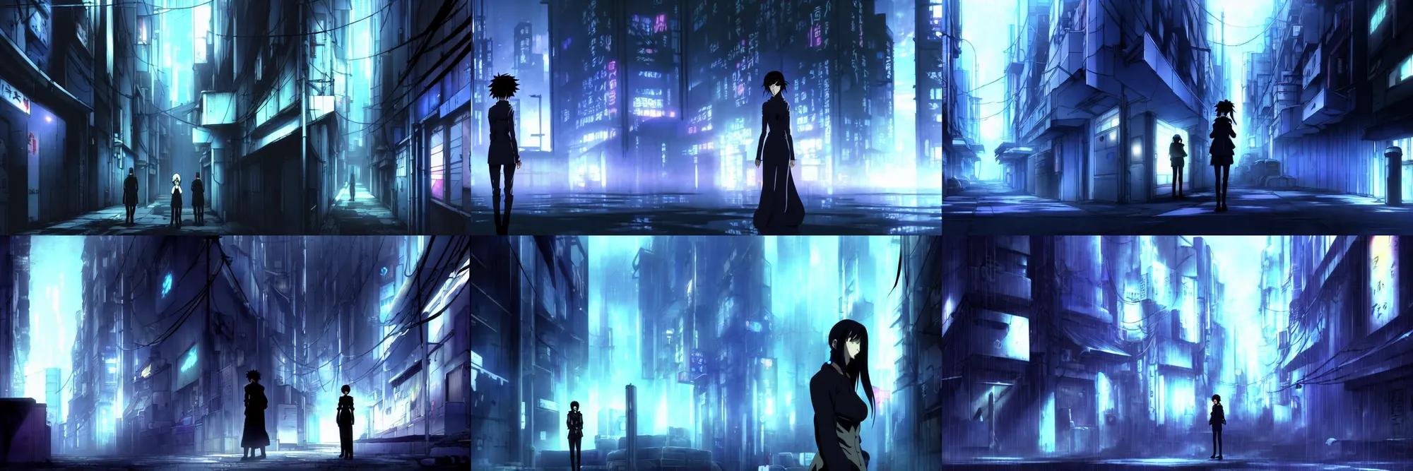 Prompt: in the anime series ergo proxy is a police crime scene investigation in a city alleyway with police tape in the atmospheric cyberpunk anime film, anime background art, at night with lights, hazy and dreary
