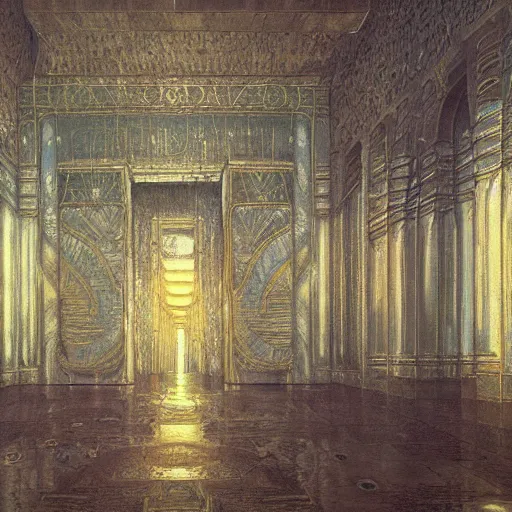 Image similar to a painting of a throne room , a raytraced image by Mikalojus Konstantinas Čiurlionis, polycount, metaphysical painting, hall of mirrors, egyptian art, concept art