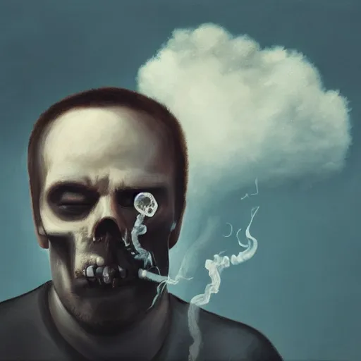 Half male face and half skull. There is a burning cigarette in his mouth,  from which smoke comes. Double face. Stock Photo