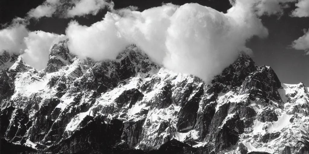 Image similar to tall mountains covered in snow with huge clouds, photo by Ansel Adams,