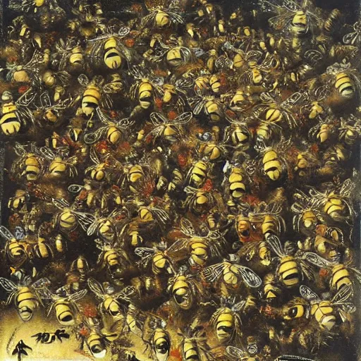 Prompt: a swarm of bumblebees attacking + + sleeping people in hell + +, art by bosch, highly detailed, masterpiece