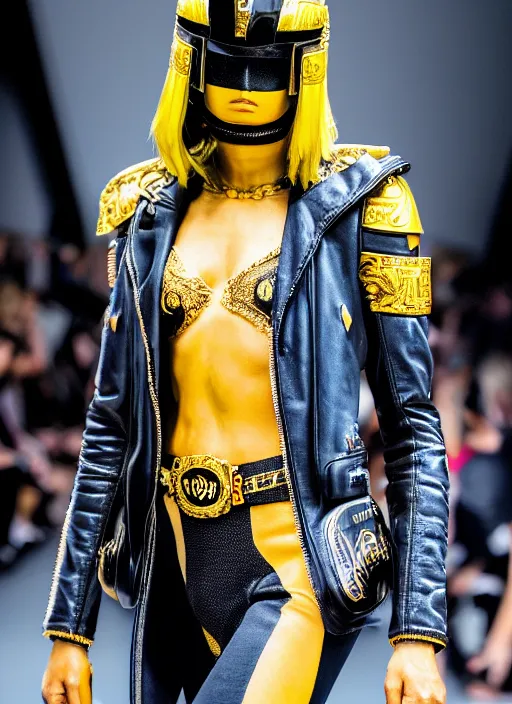 Image similar to hyperrealistic and heavy detailed versace runway show of judge dredd, leica sl 2 5 0 mm, vivid color, high quality, high textured, real life