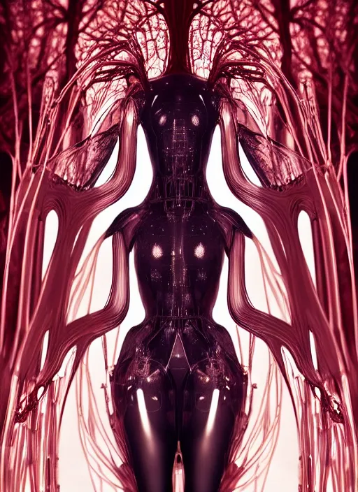 Image similar to forest iris van herpen gothic inflateble dark dress, perfect symmetrical body, helmet on face, full body shot, inflateble shapes, wires, tubes, veins, jellyfish, white biomechanical details, wearing epic bionic cyborg implants, masterpiece, intricate, biopunk, vogue, highly detailed, artstation, concept art, cyberpunk, octane render