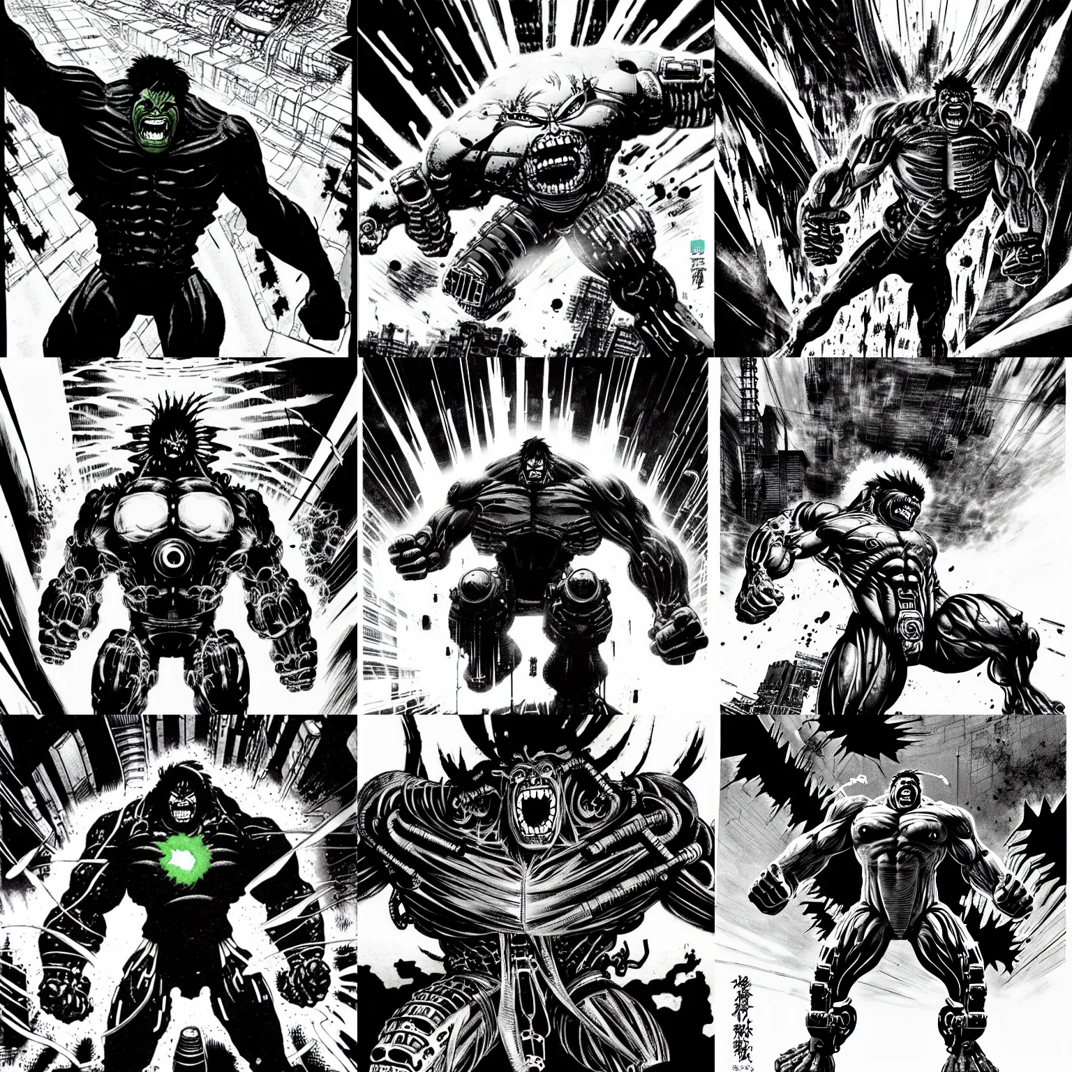 Prompt: hulk cyborg screaming in nuclear explosion by tsutomu nihei, black and white, destroed cybernetic city background