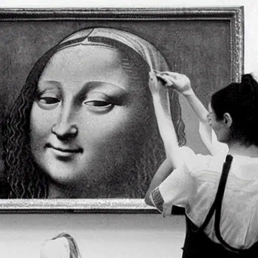 Image similar to old vintage photo from behind of leonardo da vinci painting his unfinished painting of monalisa