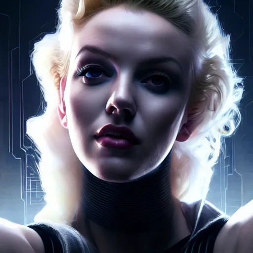 Prompt: portrait painting of a cyberpunk hacker who looks like marilyn monroe, ultra realistic, concept art, intricate details, eerie, highly detailed, photorealistic, octane render, 8 k, unreal engine. art by artgerm and greg rutkowski and charlie bowater and magali villeneuve and alphonse mucha