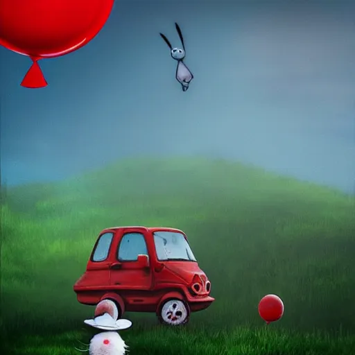 Image similar to grunge cartoon landscape painting of a cartoon bunny and a red balloon by - michal karcz, loony toons style, pennywise style, horror theme, detailed, elegant, intricate