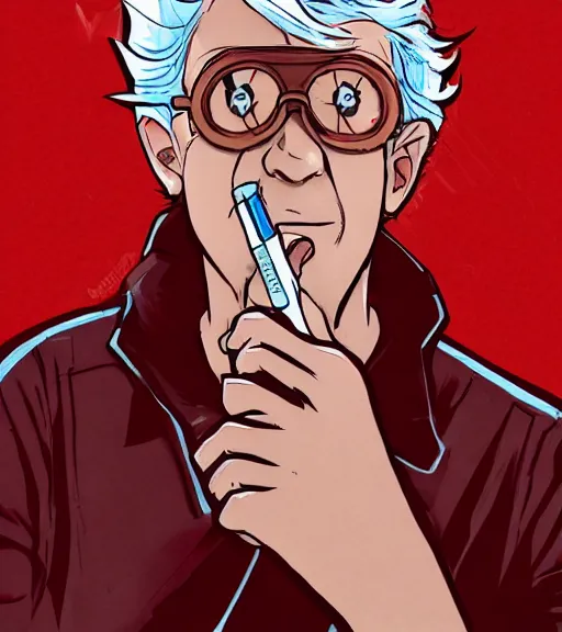 Prompt: young man in red jacket and white shirt, white hair, round goggles, smoking cigarette, character portrait, sharp focus, illustration, high detailed, sad