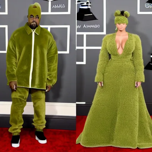 Image similar to kanye west at the grammys in an avocado costume, red carpet photo