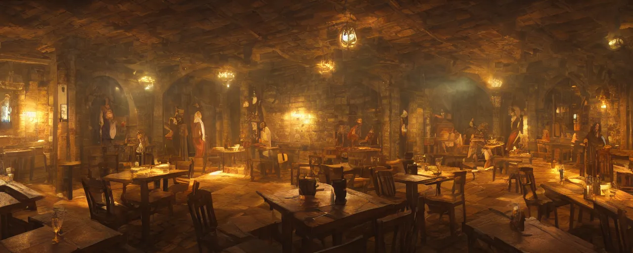 Prompt: tiny, medieval era tavern with exotic dancers, exterior, two stories, vaporwave aesthetics, 8 k uhd, unreal engine, octane render in the artstyle of finnian macmanus, john park and greg rutkowski