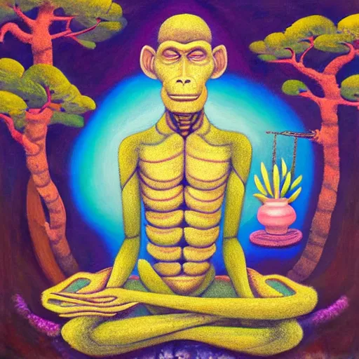 Image similar to an anthromorphic cyborg monkey man meditating in a zen garden, by amanda clark and amanda sage in a psychedelic style, oil on canvas