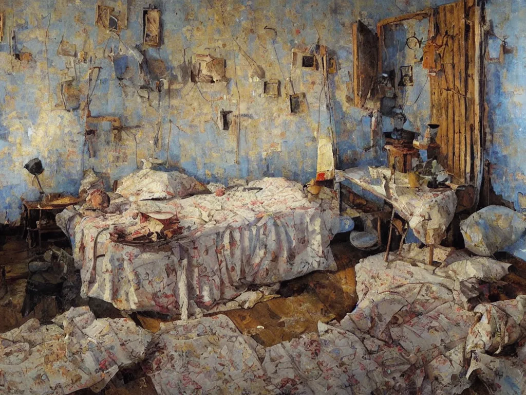 Prompt: bedroom, heatwave, Denis sarazhin, oil on canvas