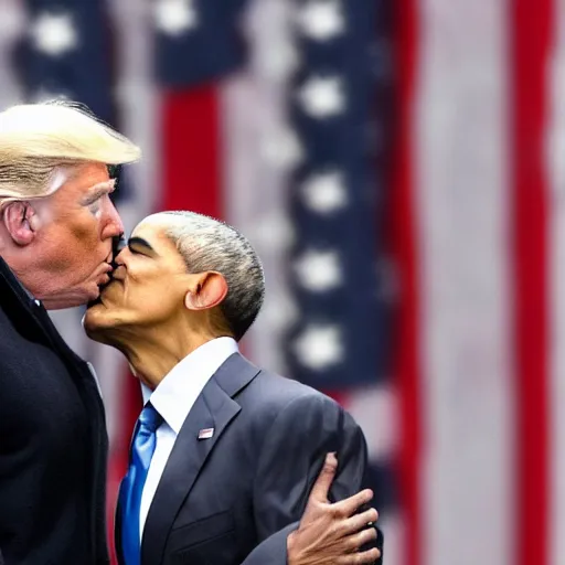 Prompt: donald trump kissing barack obama, photography,