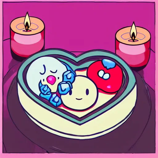 Image similar to kirby!!!!!!!!!!!!!! and companion cube romantic dinner, candlelight, roses