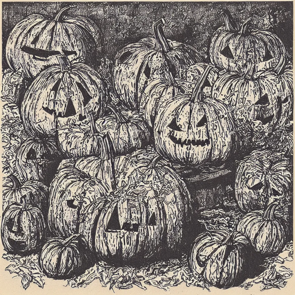 Image similar to a vintage risograph of a jack-o-lantern