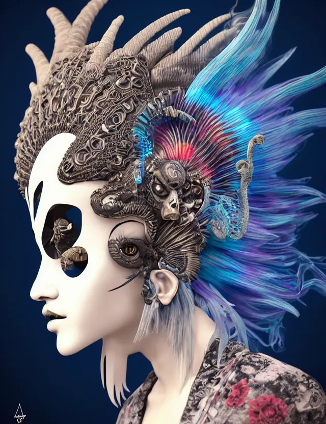 Image similar to 3 d goddess close - up profile portrait punk with mohawk with ram skull. beautiful intricately detailed japanese crow kitsune mask and clasical japanese kimono. betta fish, jellyfish phoenix, bio luminescent, plasma, ice, water, wind, creature, artwork by tooth wu and wlop and beeple and greg rutkowski