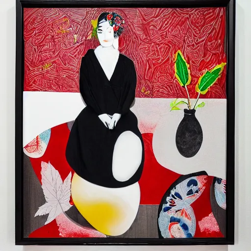 Image similar to “art in an Australian artist’s apartment, portrait of a woman wearing stained white cotton cloth, yin Yang, golf leaf, stained by fresh raspberries and strawberries and blueberries, white wax, edible flowers, Japanese pottery, Australian native white and red flowers ikebana, black walls, acrylic and spray paint and oilstick on canvas”