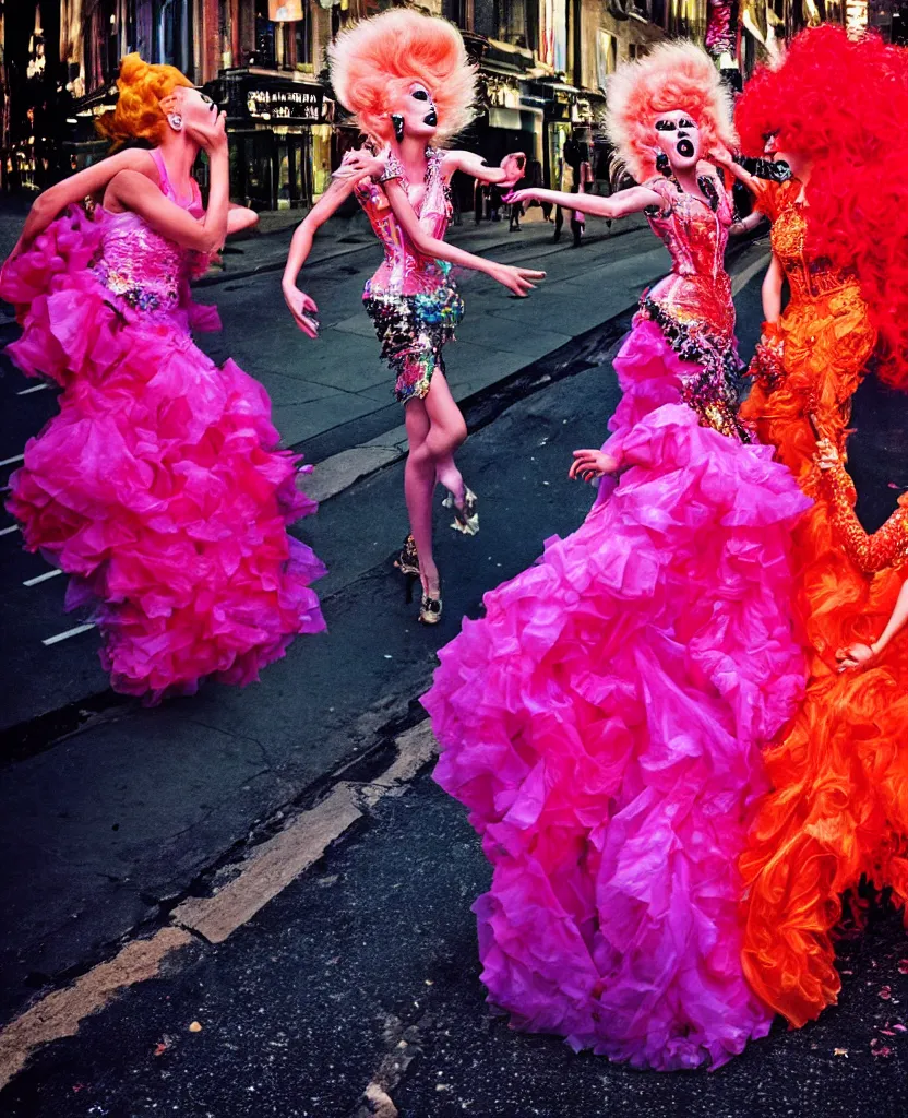 Image similar to 2 drag queens wearing Alexander McQueen gowns dancing in the street photographed by Ryan Mcginley at night with a color gel flash, detailed, hyper realistic photograph,