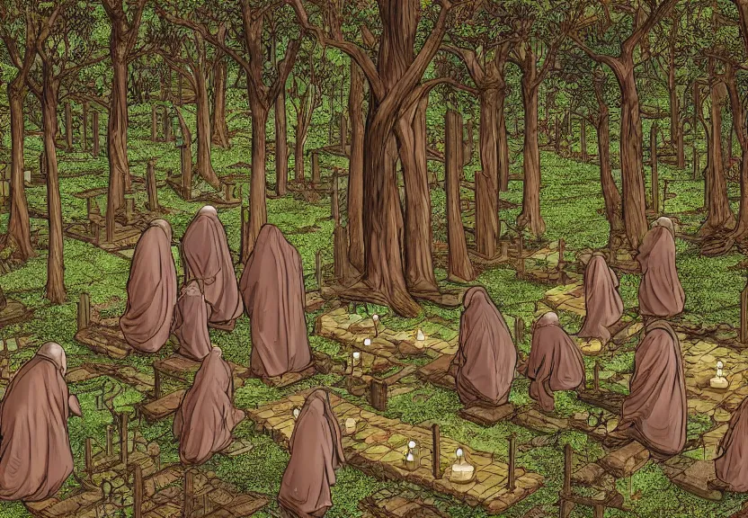 Prompt: possums dressed like monks at a medieval cemetery in the middle of the forest at night, highly detailed, photorealistic, isometric, digital art