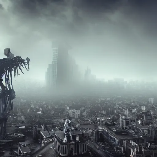 Prompt: Highly detailed Photograph of a colossal human skeleton, looming over a city giving off a sense of foreboding, hyper-realistic, volumetric fog, 8k resolution, maximum detail