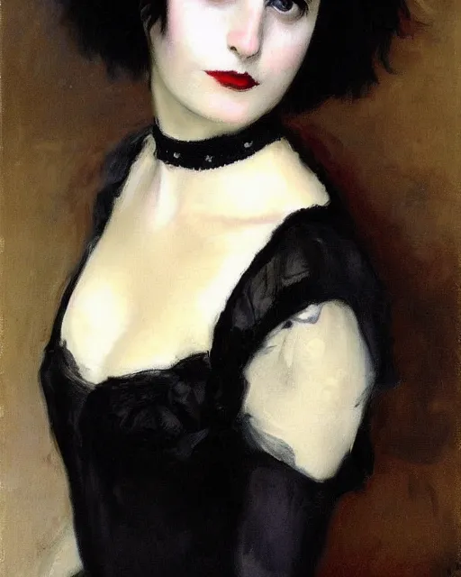 Image similar to A goth portrait painted by John Singer Sargent. Her hair is dark brown and cut into a short, messy pixie cut. She has a slightly rounded face, with a pointed chin, large entirely-black eyes, and a small nose. She is wearing a black tank top, a black leather jacket, a black knee-length skirt, a black choker, and black leather boots.