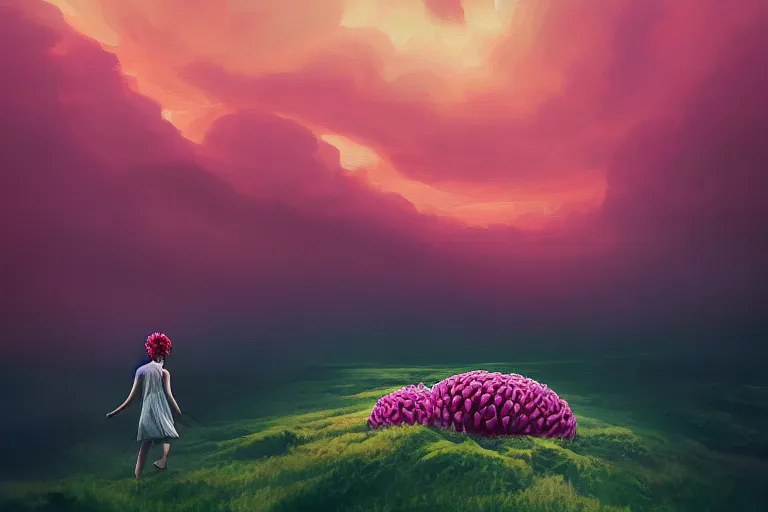 Image similar to giant dahlia flower head, girl walking on mountain, surreal photography, pink storm clouds, dramatic light, impressionist painting, digital painting, artstation, simon stalenhag