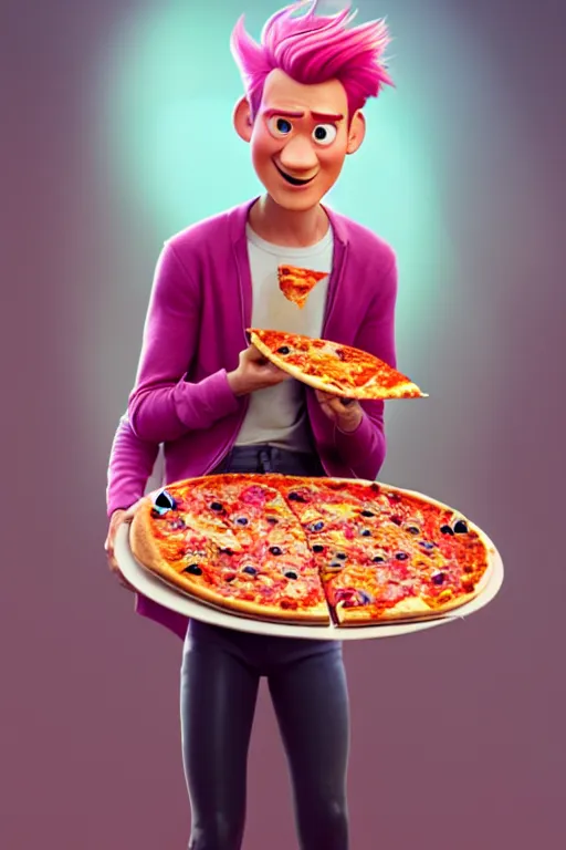 Prompt: pixar man with pink hair eating pizza | glamorous oily soft polished rich ornate modern | weta disney pixar movie still photo | hi - fructose, sci fi fantasy, smooth, octane render, sharp focus, artstation, concept art | artgerm, mucha, rutkowski, feng zhu, wlop, loish