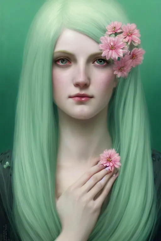 Image similar to A pale skinned woman with long mint green hair and nails, both decorated with pink flowers, illustration, soft lighting, soft details, dark mood, painting oil on canvas by Edmund Blair Leighton and Charlie Bowater octane render trending on artstation d&d characters, 4k, 8k, HD