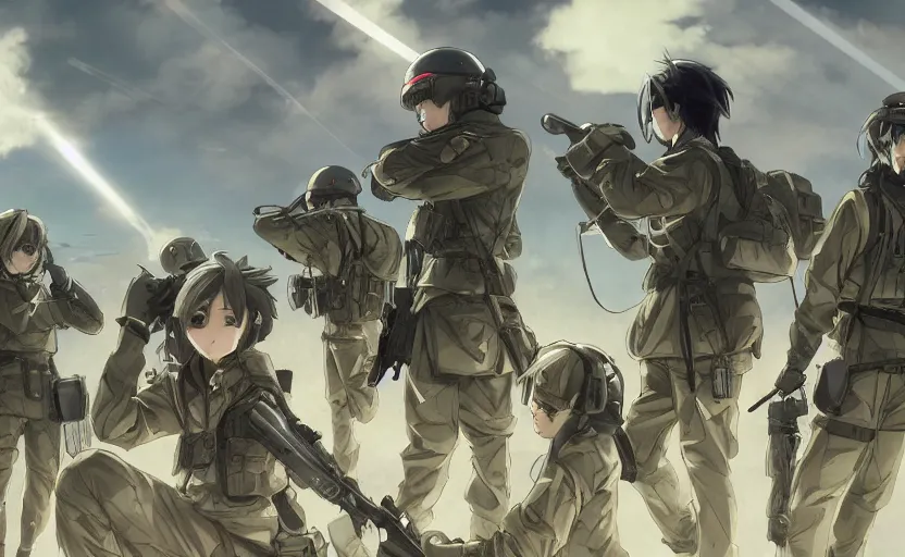 Prompt: anime style, modern warfare, panoramic view, searchlights in background, soldier clothing, hair down, real faces, symmetrical facial features, from arknights, hyper realistic, wallpaper, detailed drawing, trending pixiv, safebooru, volumetric lights, think in 3 d, by alphonse mucha, greg rutkowski, sharp focus, backlit, mechanized transport