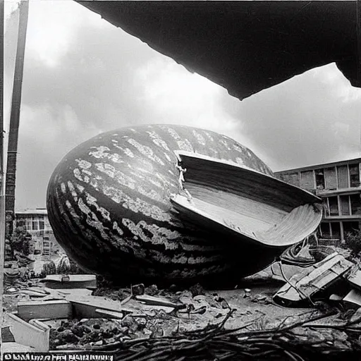 Image similar to The giant watermelon was finally stopped when it ran into a building that was too strong for it to destroy. It was cornered and had nowhere to go. The military was able to contain it and eventually destroy it. Cinematic