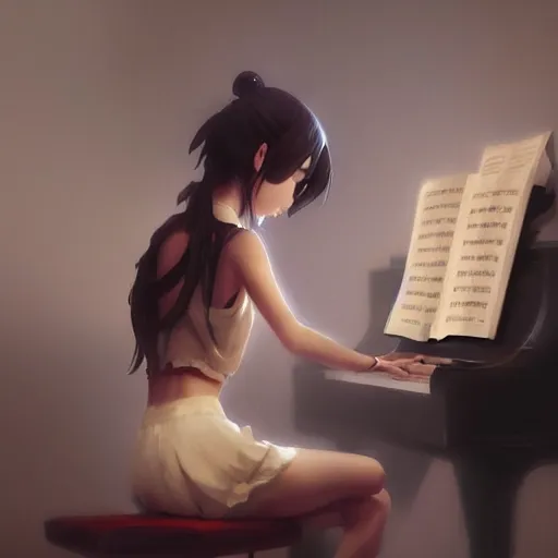 Image similar to anime girl Playing the Piano instrument , digital Art, Greg rutkowski, Trending cinematographic artstation