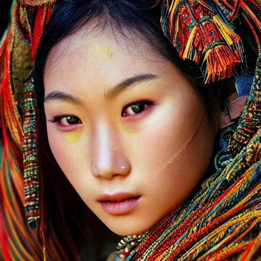 Image similar to portrait of a stunningly beautiful asian tribal female, depth of field, zeiss lens, detailed, symmetrical, centered, fashion photoshoot, by annie leibovitz and steve mccurry, david lazar, jimmy nelsson, breathtaking, 8 k resolution, extremely detailed, beautiful, establishing shot, artistic, hyperrealistic, beautiful face, octane render