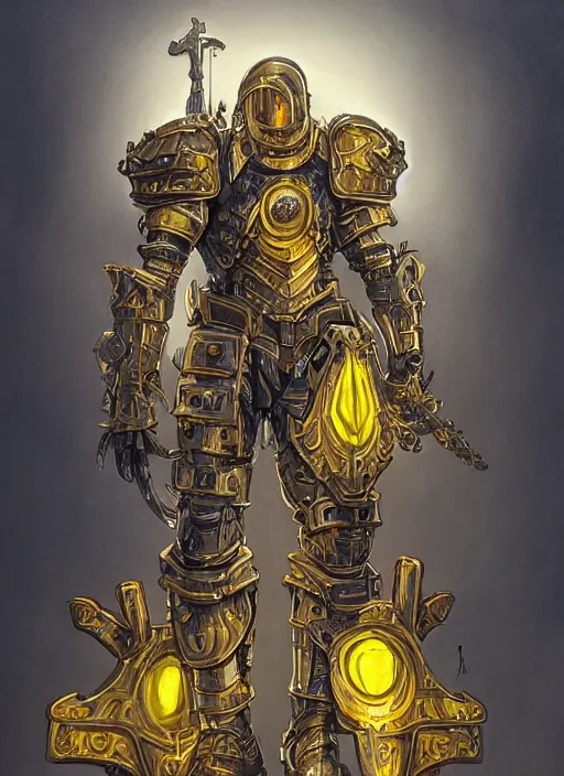 Prompt: dynamic portrait of a intricate glorious holy mechanical warforged character in yellow armor holding a paladin engraved great longsword and carrying a big paladin shield, spotlight from face , epic , trending on ArtStation, cinematic lighting, by Jesper Ejsing and by Philippe Druillet