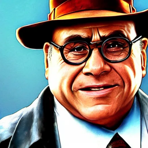 Image similar to Danny Devito as Indiana Jones, cinematic, realistic, detailed, portrait