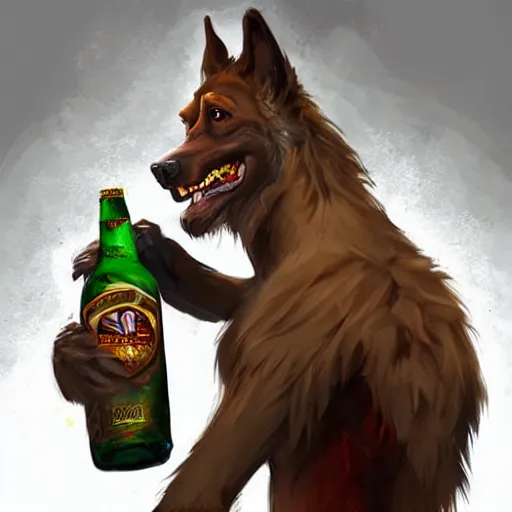 Image similar to a humanoid german shepherd beast - man in soccer style, holding a bottle of beer, artstation, concept art, smooth, sharp foccus ilustration, artstation