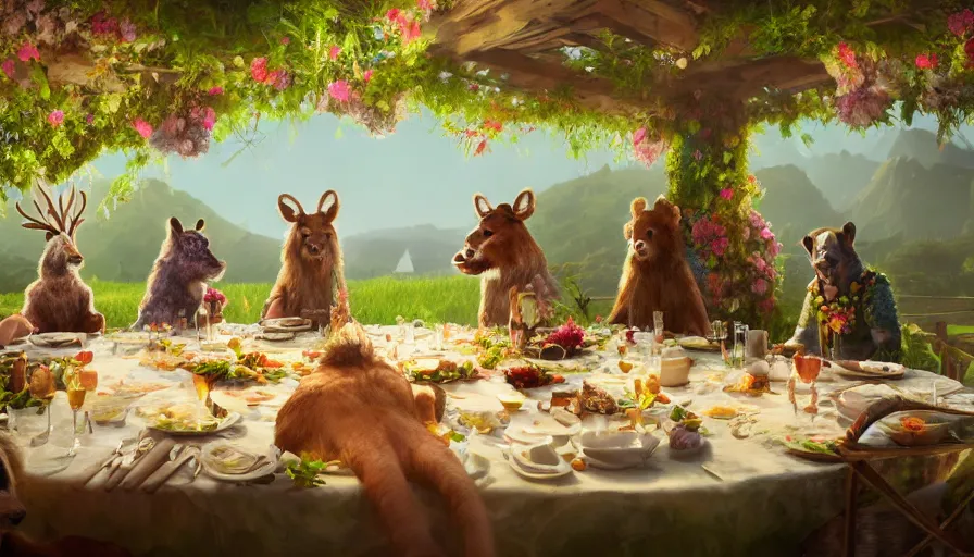 Image similar to a table dinner of animals where animals are dressed like the characters from the midsommar movie wearing flowers, realistic detailed digital art by maxwell boas jessica rossier christian dimitrov anton fadeev trending on artstation cgsociety rendered in unreal engine 4 k hq