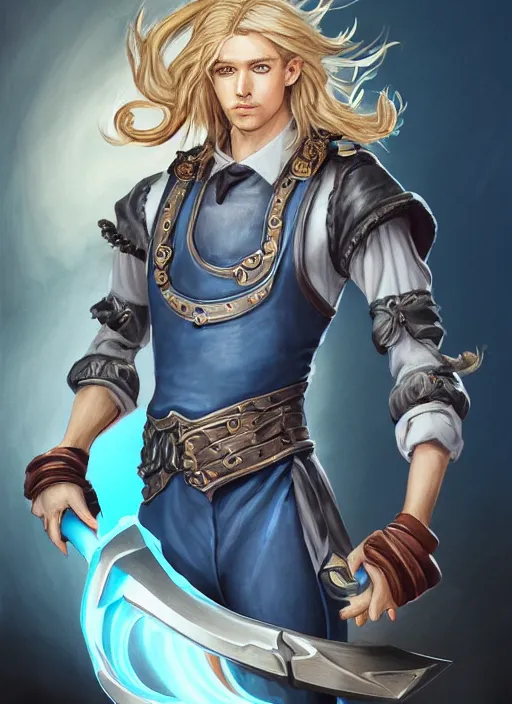 Image similar to a highly detailed illustration of long wavy bright blonde haired effeminate boy wearing blue blacksmith apron and iron mechanical arms, lanky body, blue eyes, dramatic smiling pose, perfect face, symmetrical eyes, intricate, elegant, highly detailed, centered, digital painting, artstation, concept art, smooth, sharp focus, league of legends concept art, wlop